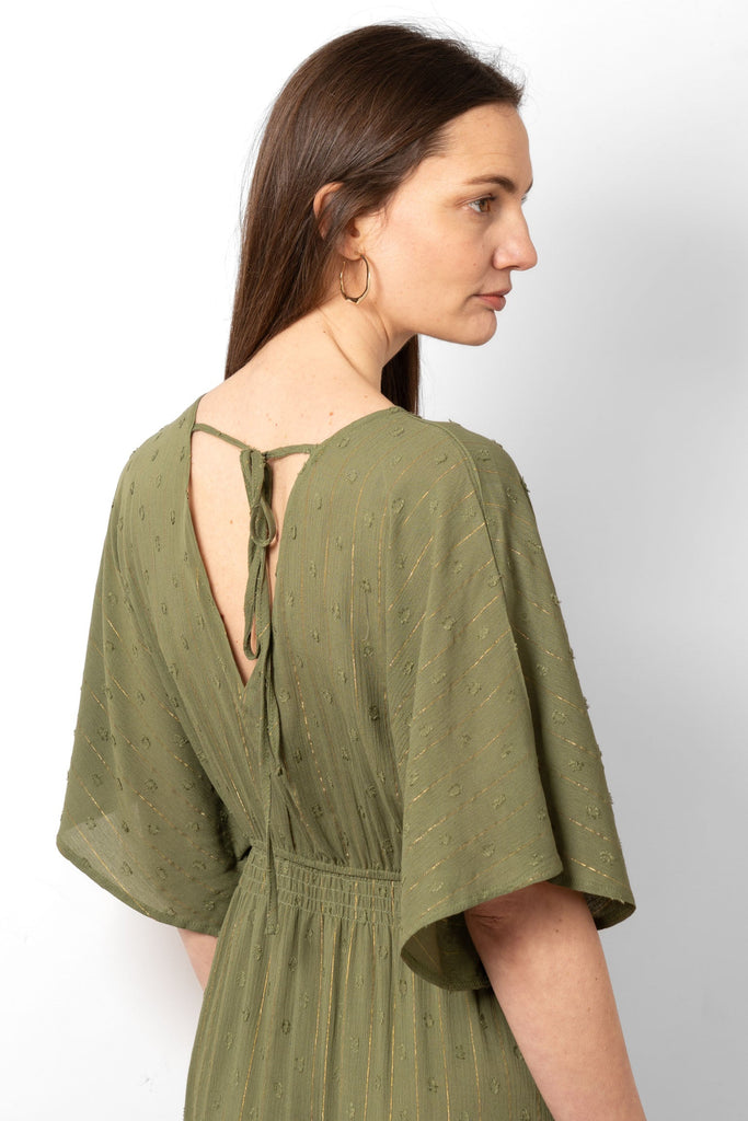 sienna-maxi-kaftan-dress-khaki-gold-metallic-stripe-rear-view-open-back-neck-tie-fastening-adjustable