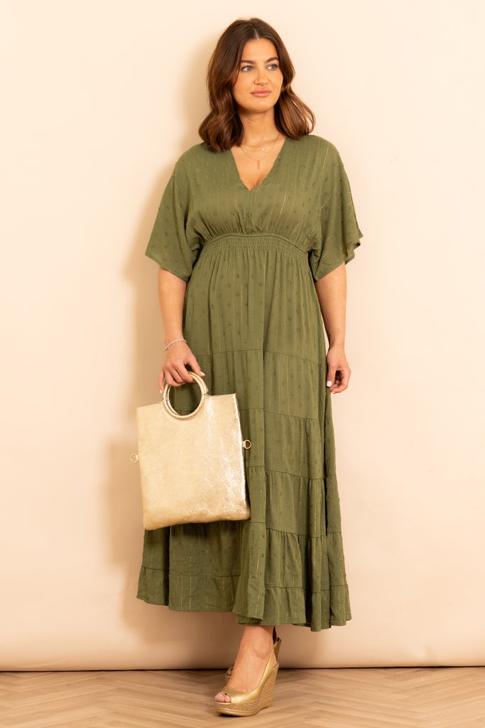 sienna-maxi-kaftan-dress-khaki-gold-metallic-stripe-model-styled-gold-accessories