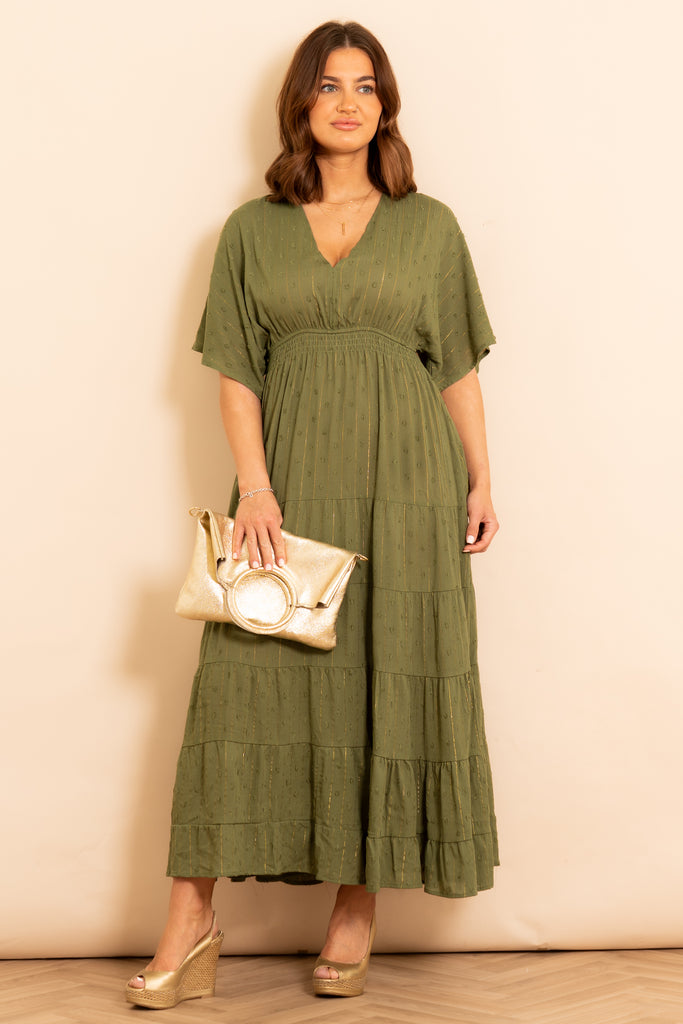 sienna-maxi-kaftan-dress-khaki-gold-metallic-stripe-model-styled-heeled-wedge-sandals