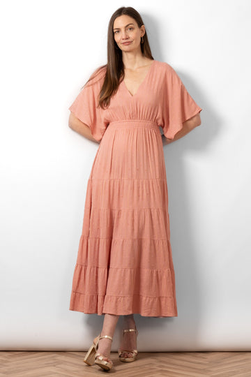 sienna-maxi-kaftan-dress-pink-gold-metallic-stripe-front-view-on-model