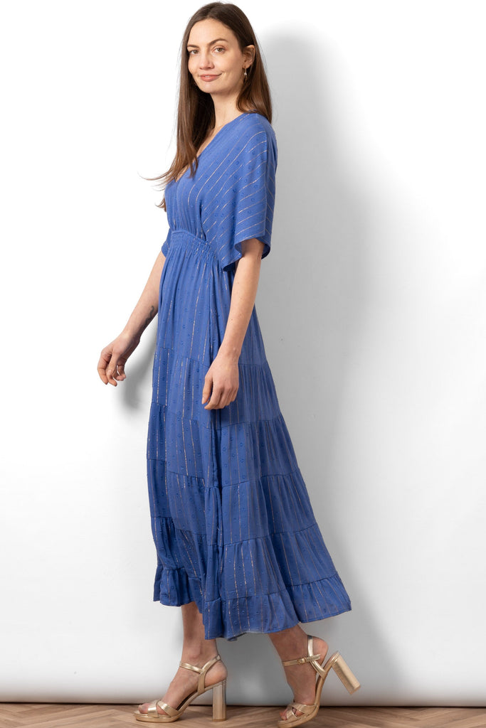 sienna-maxi-kaftan-dress-royal-blue-metallic-stripe-side-view-loose-fitting