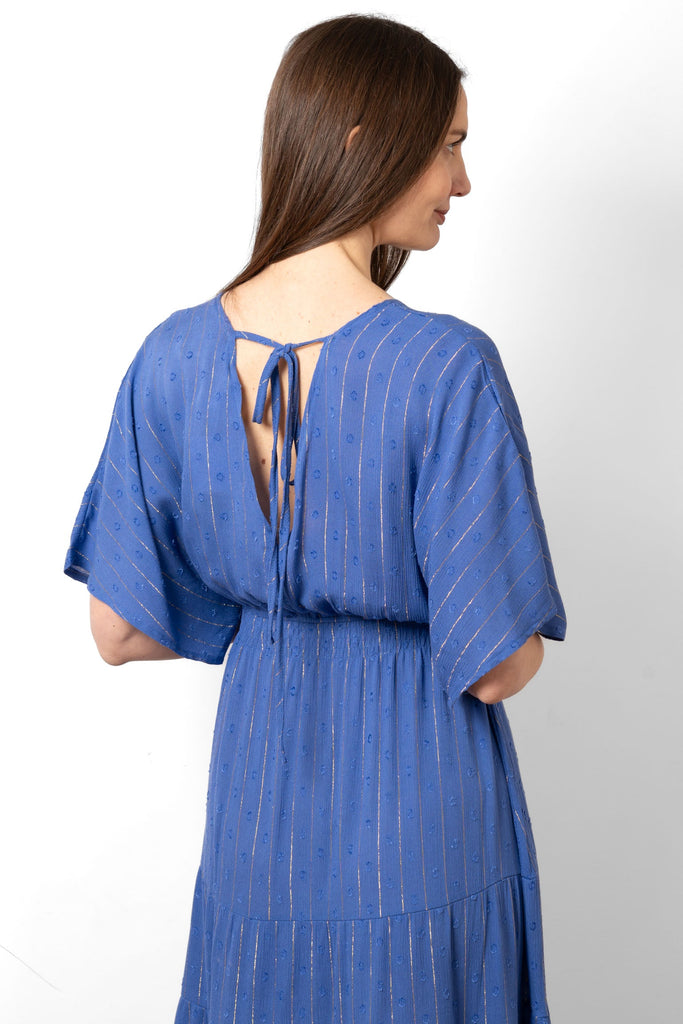 sienna-maxi-kaftan-dress-royal-blue-metallic-stripe-rear-view-open-back-neck-tie