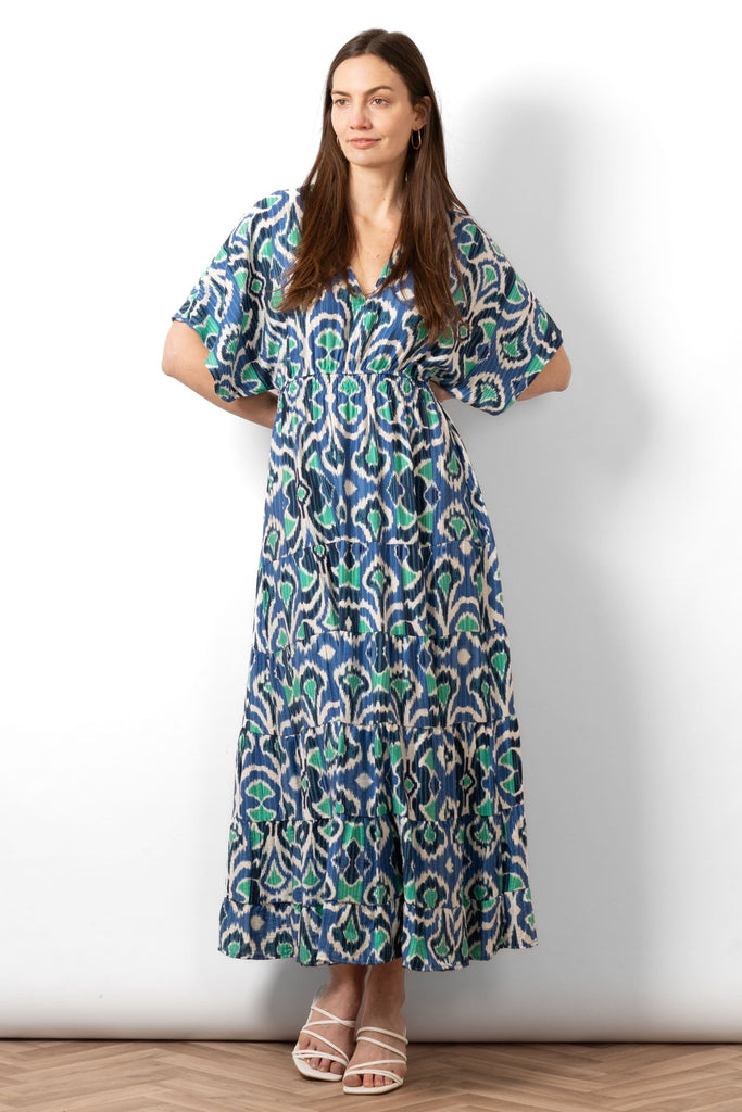 sienna-maxi-kaftan-dress-blue-ikat-print-front-on-model