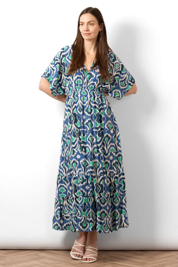 sienna-maxi-kaftan-dress-blue-ikat-print-front-on-model