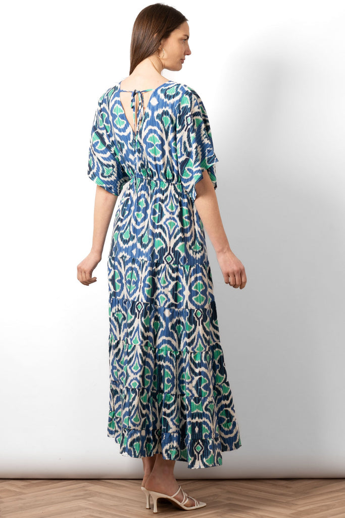 sienna-maxi-kaftan-dress-blue-ikat-print-rear-view-on-model