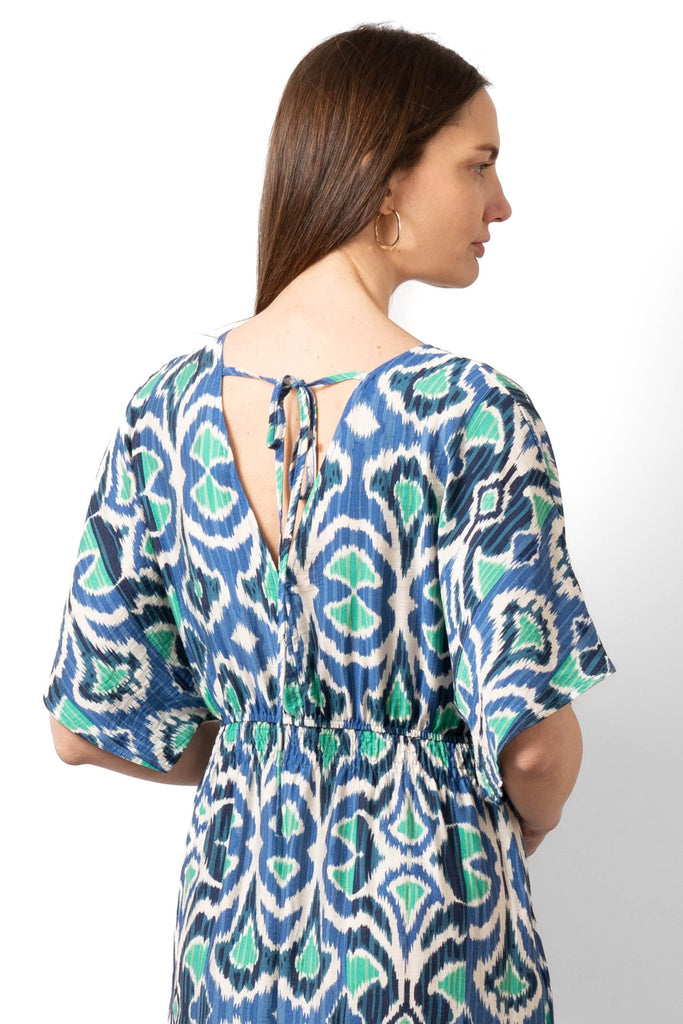 sienna-maxi-kaftan-dress-blue-ikat-print-rear-neck-tie-fastening