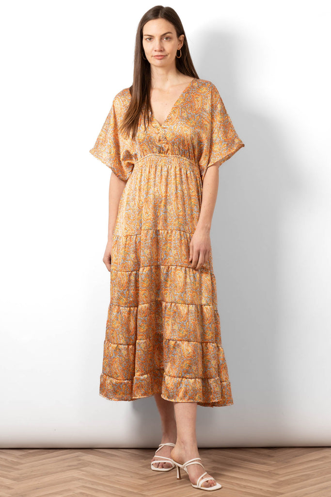 sienna-maxi-kaftan-dress-orange-paisley-print-front-view-on-model