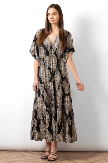 sienna-maxi-kaftan-dress-black-mandala-print-front-view-on-model