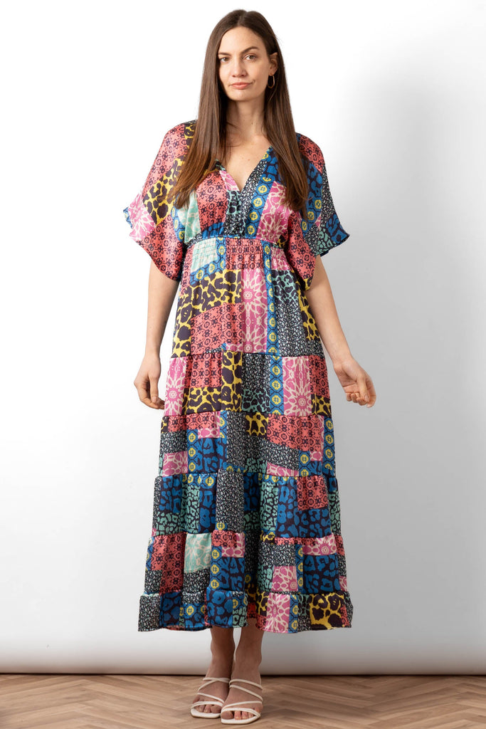 sienna-maxi-kaftan-dress-blue-pink-patchwork-front-view-on-model