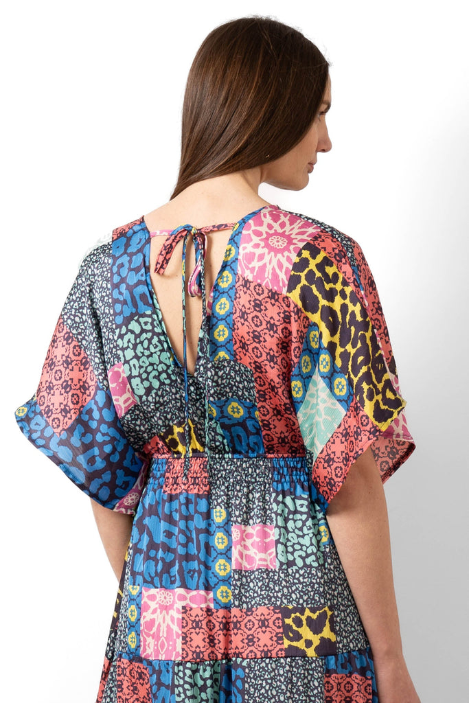 sienna-maxi-kaftan-dress-blue-pink-patchwork-close-up-neck-tie