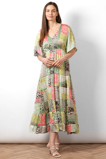 sienna-maxi-kaftan-dress-green-patchwork-front-view-on-model