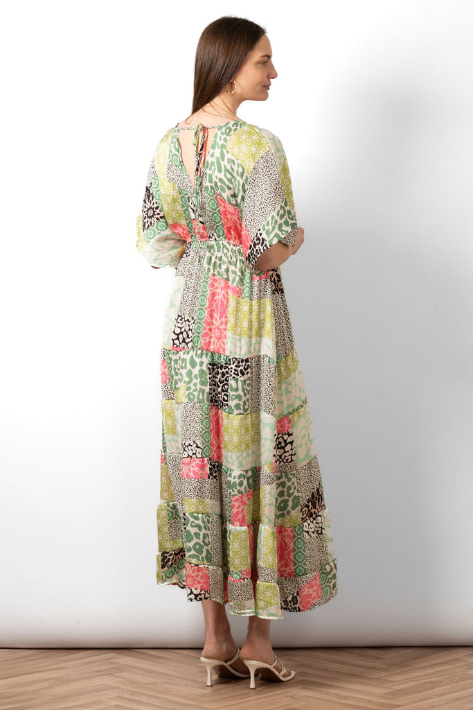 sienna-maxi-kaftan-dress-green-patchwork-rear-view-tiered-skirt