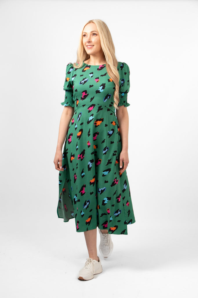 hazel-midi-tea-dress-green-large-leopard-print-multicoloured-animal-print-pattern