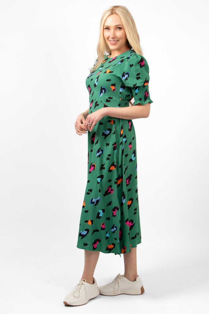 hazel-midi-tea-dress-green-large-leopard-print-side-view-shirred-short-sleeves