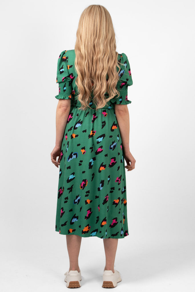 hazel-midi-tea-dress-green-large-leopard-print-rear-view-shirred-waistline-back-panel