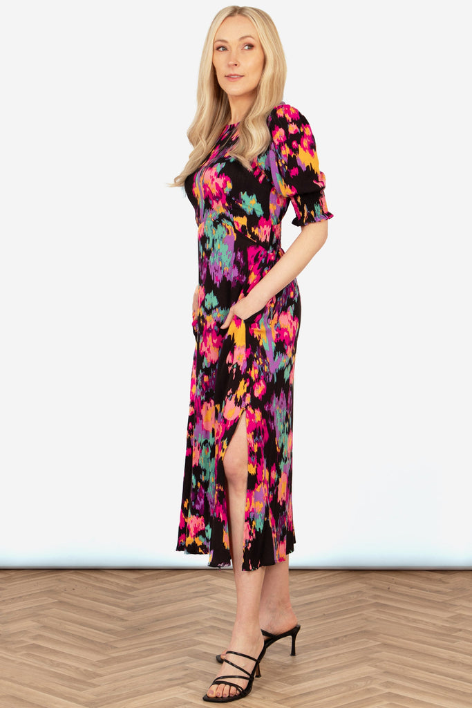 hazel-midi-tea-dress-black-multi-abstract-floral-showing-side-split