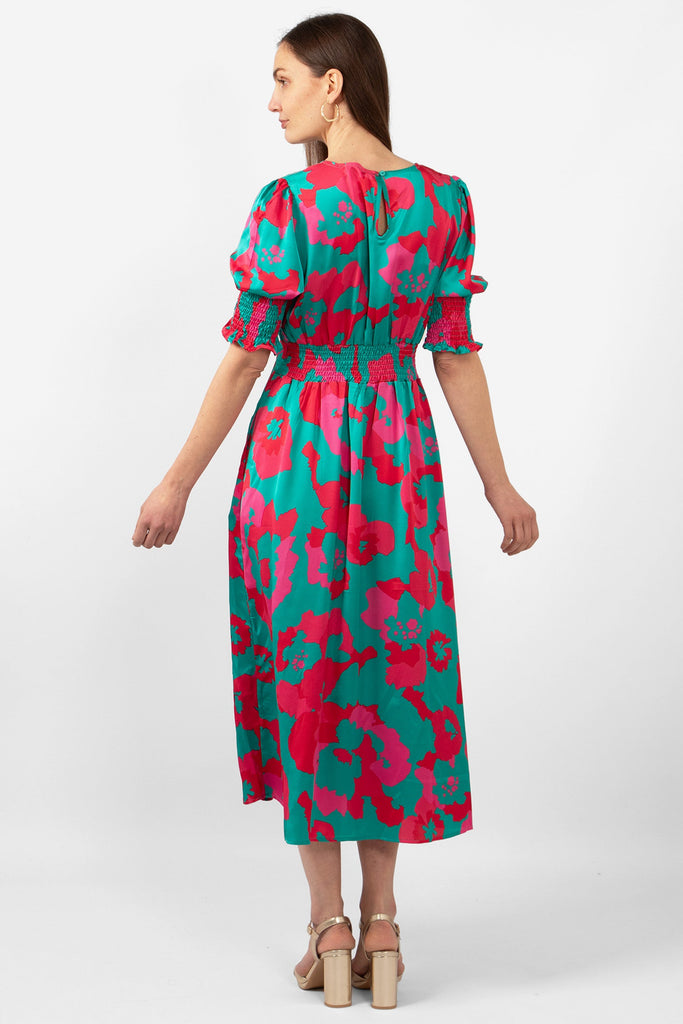 hazel-midi-tea-dress-turquoise-hot-pink-floral-print-rear-view-shirred-waistband