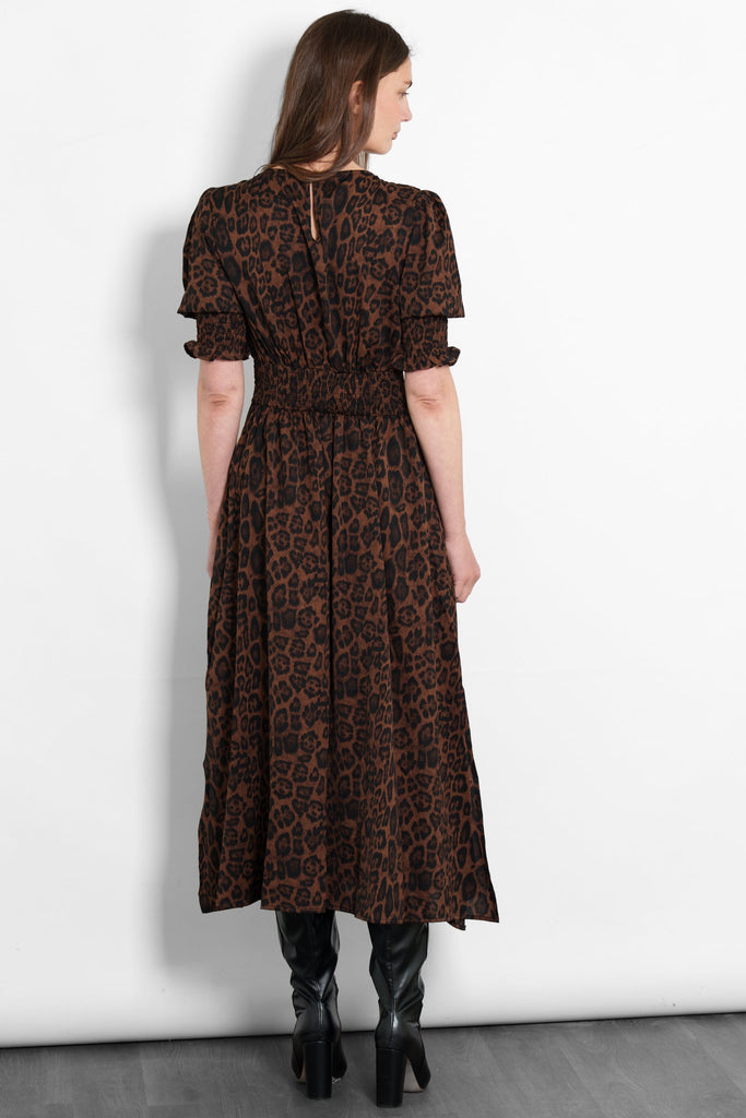 hazel-midi-tea-dress-brown-leopard-print-shirred-waist-rear