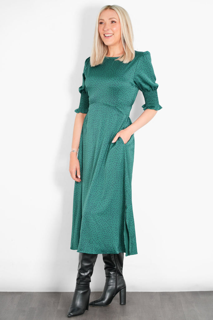 hazel-midi-tea-dress-teal-green-polka-dots-puff-sleeves