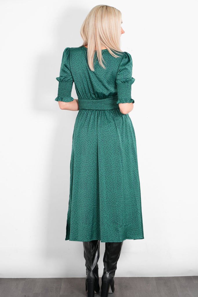 hazel-midi-tea-dress-teal-green-polka-dots-rear-view-elasticated-waist