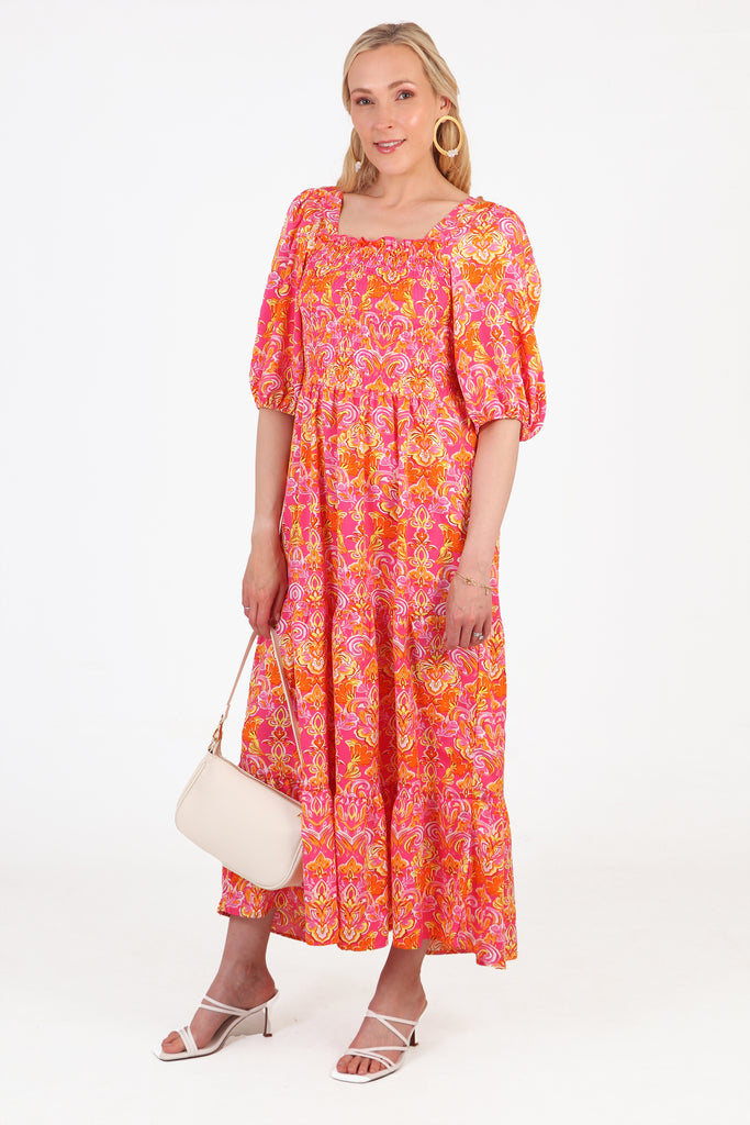 tiered-maxi-milkmaid-dress-pink-fleur-de-lis-accessoriesed-sandals-handbag