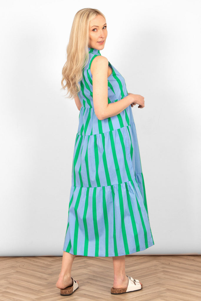 ainsley-tiered-maxi-dress-blue-green-block-stripe-back-view-patterned-long-ankle-length
