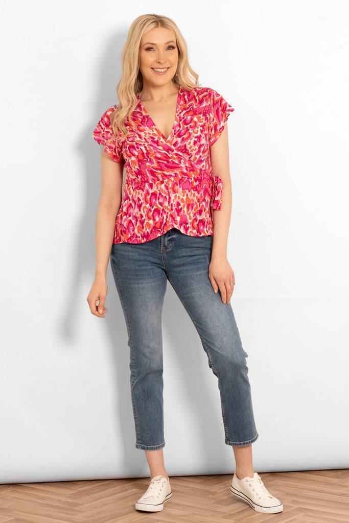 short-sleeve-wrap-top-pink-abstract-print-side-tie-v-neck
