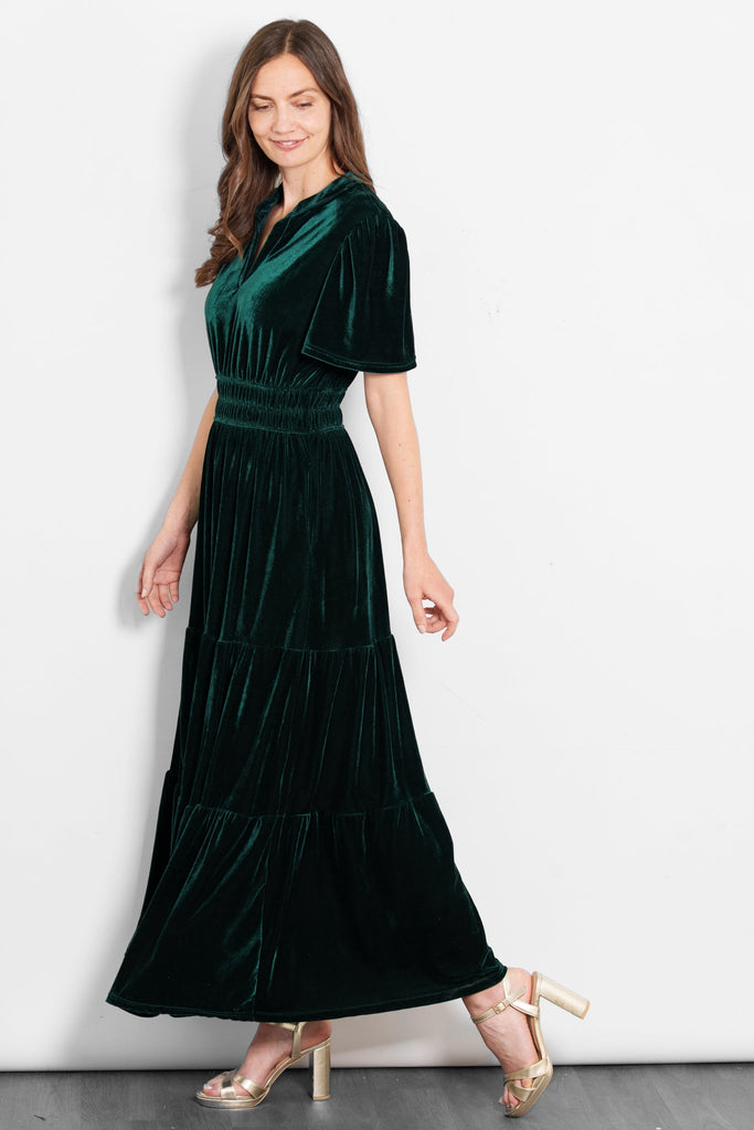 roxy-tiered-maxi-dress-green-velvet-short-sleeves
