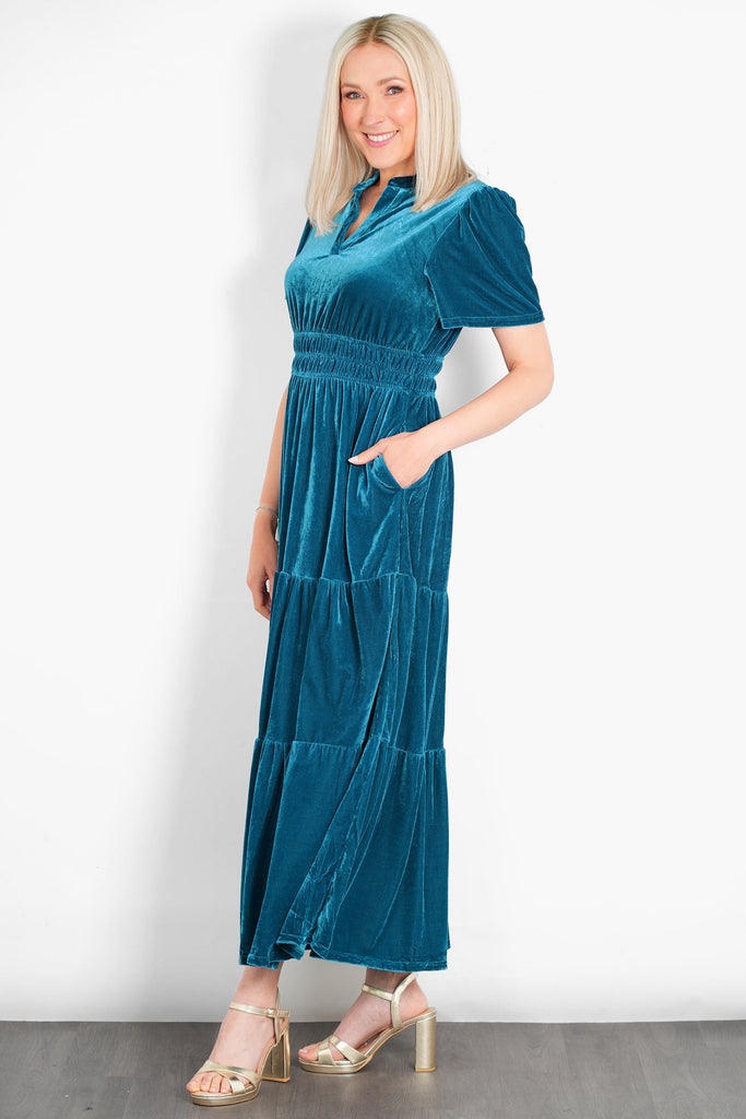 roxy-tiered-maxi-dress-teal-velvet-side-pockets
