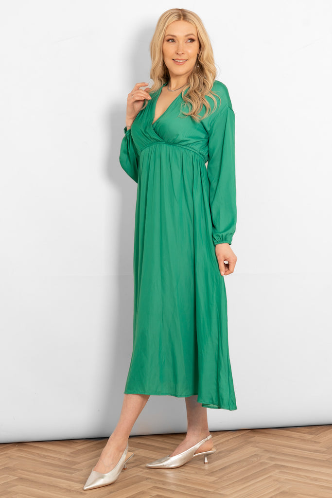 faux-wrap-empire-waist-maxi-dress-green-side-view-long-sleeves