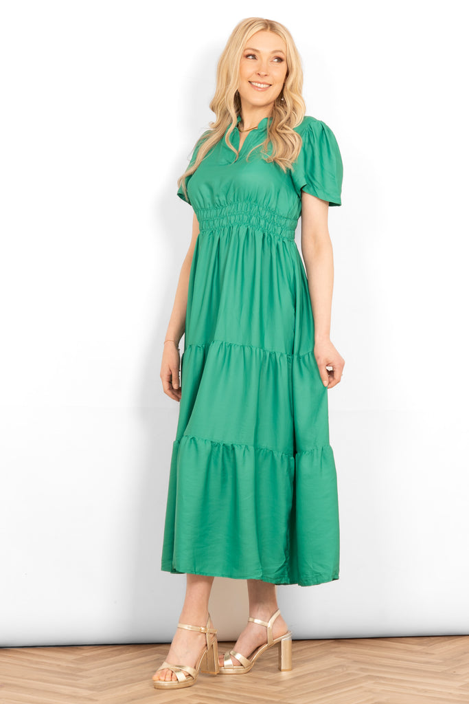 grandad-collar-tiered-maxi-dress-green-short-sleeves