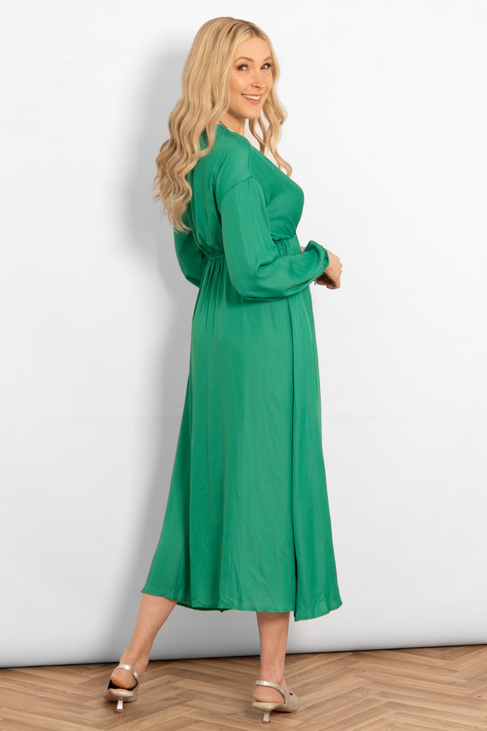 faux-wrap-empire-waist-maxi-dress-green-rear-view-elasticated-waist