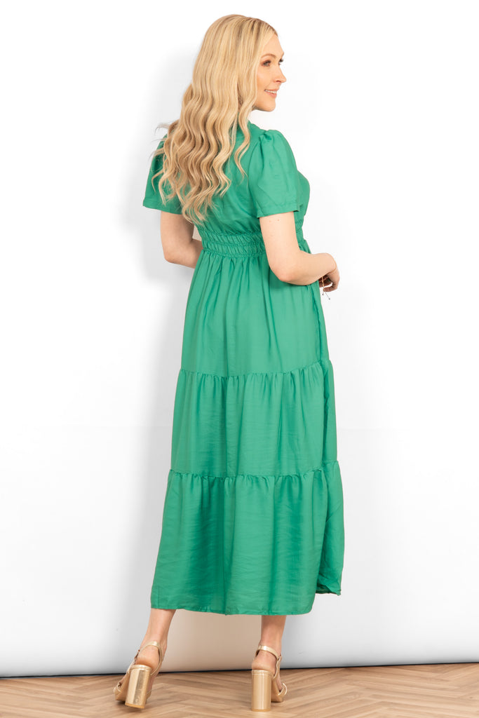 grandad-collar-tiered-maxi-dress-green-rear-shirred-waist