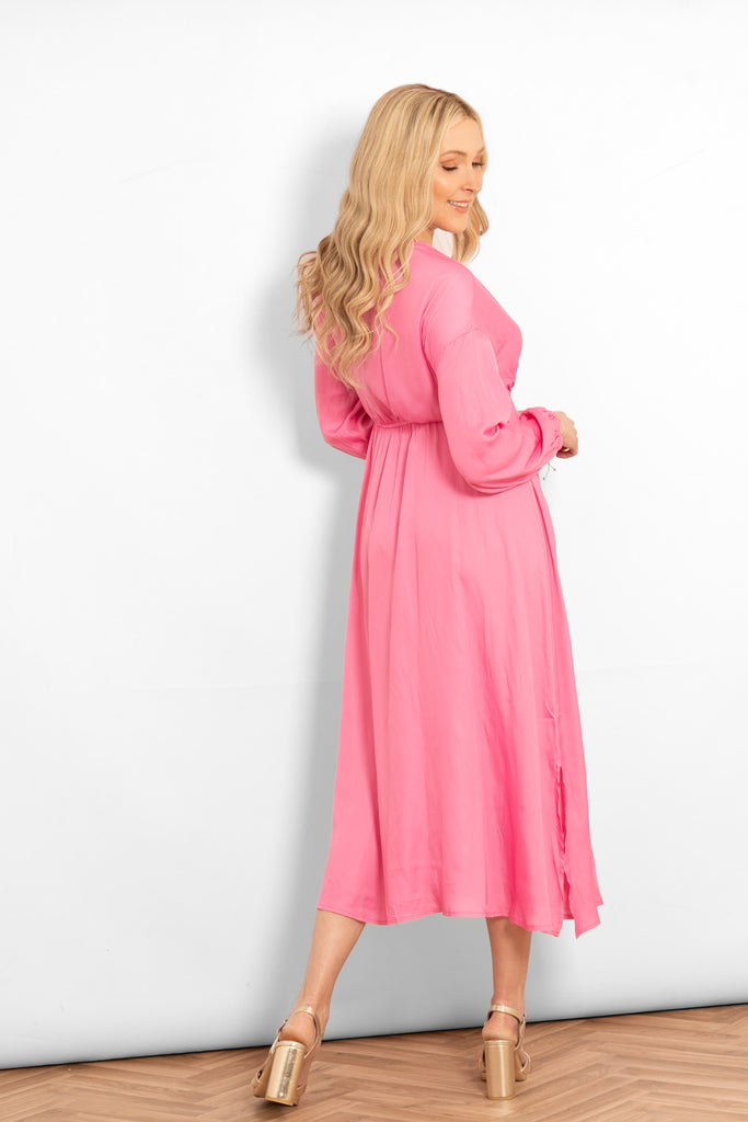 faux-wrap-empire-waist-maxi-dress-pink-rear-view-plain