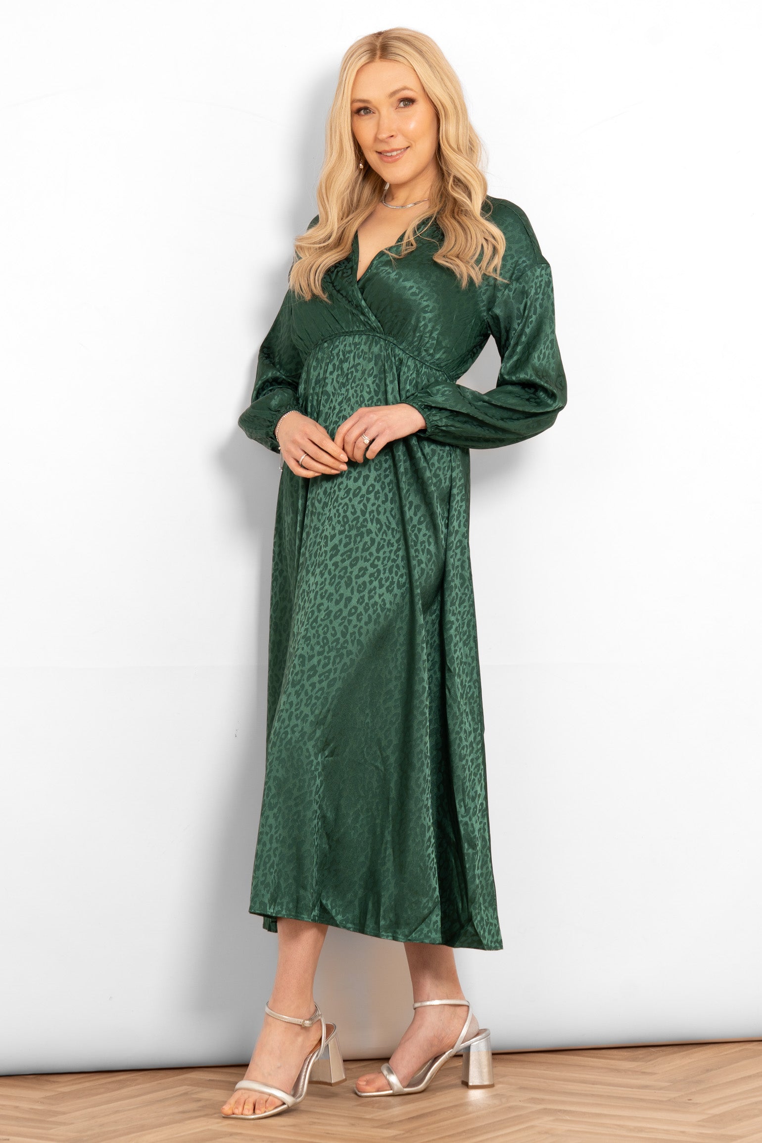 Sarta Wrap Top Maxi Dress Green Leopard Print Faux Silk Party Dresses Small (UK 8-10)