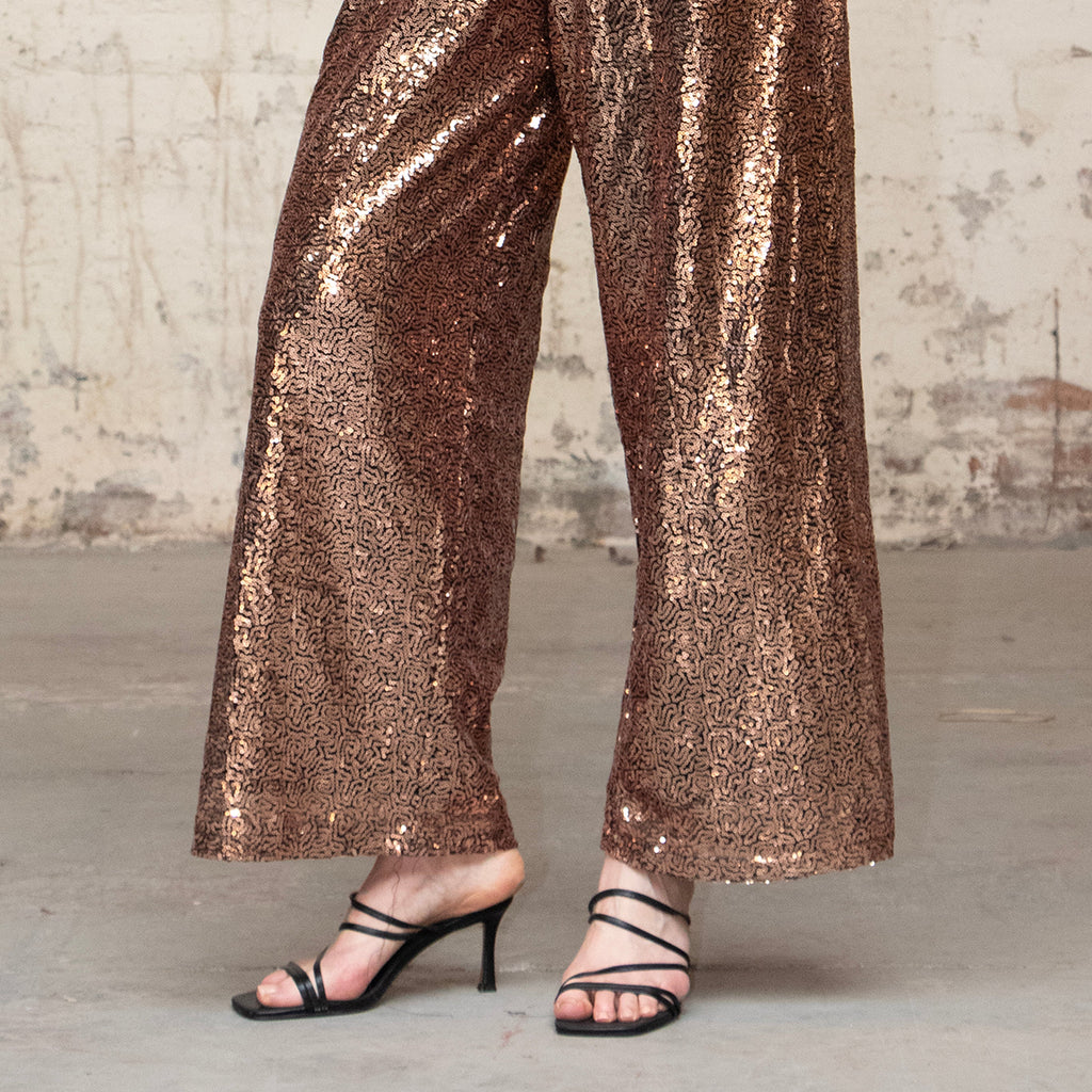 close up of the bronze sequin wide leg design