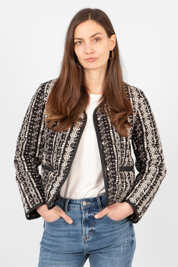 greta-lightweight-box-jacket-black-moroccan-print-worn-open-front