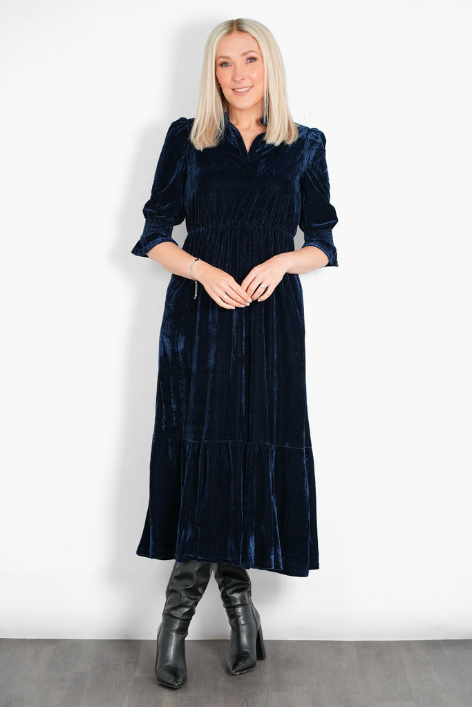 pandora-v-neck-midaxi-dress-navy-blue-velvet-model-front-view