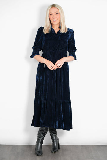 pandora-v-neck-midaxi-dress-navy-blue-velvet-model-front-view