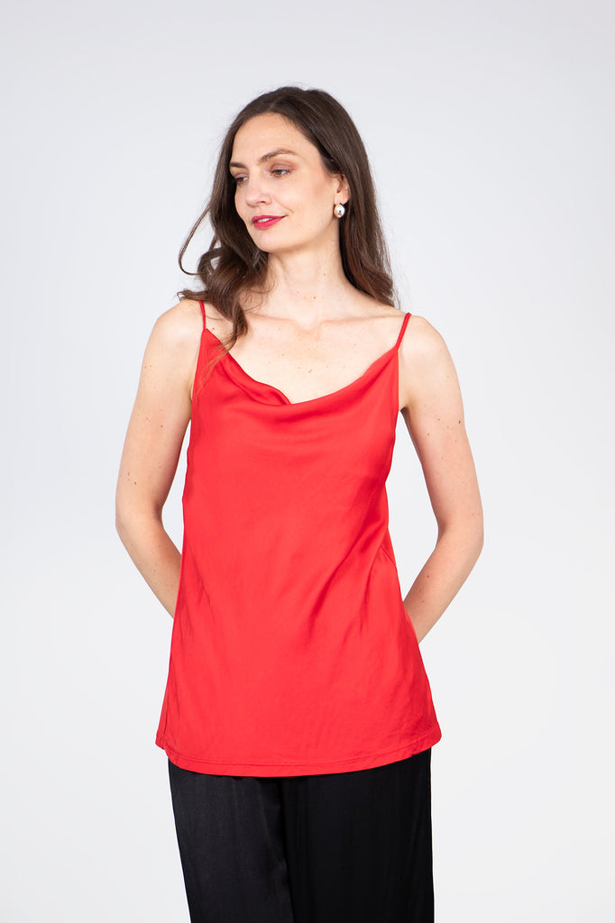 plain red faux silk cowl neck vest top with spaghetti straps