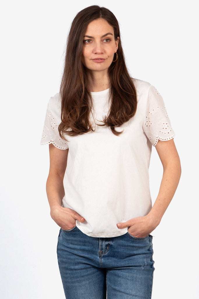 bryn-cotton-short-sleeve-top-white-broderie-anglaise-on-model-front-view-round-neck