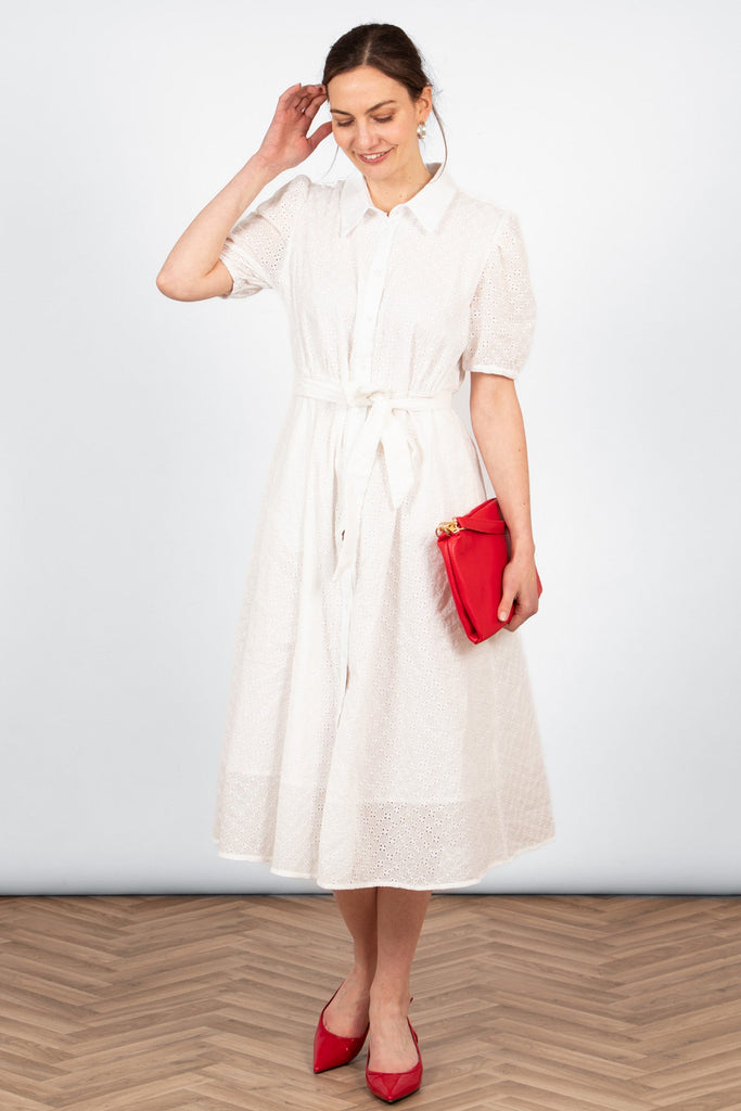 elodie-cotton-fitted-midi-shirt-dress-white-broderie-anglaise-styled-with-red-heels-red-clutch-bag