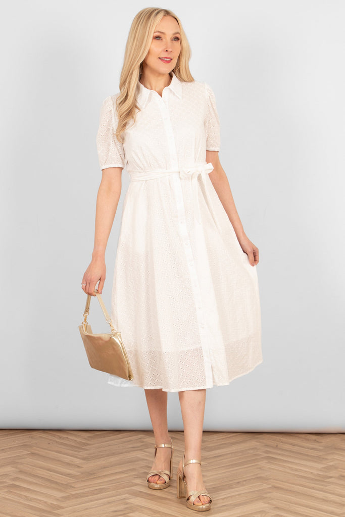 elodie-cotton-fitted-midi-shirt-dress-white-broderie-anglaise-front-view-waist-tie-belt-shirt-collar