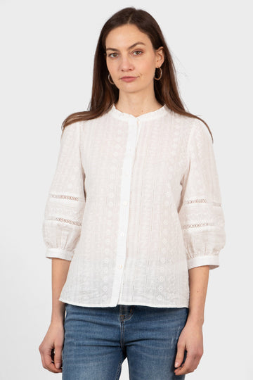 cora-cotton-3-4-sleeve-shirt-white-floral-embroidery-worn-on-model-front-view-lightweight-blouse