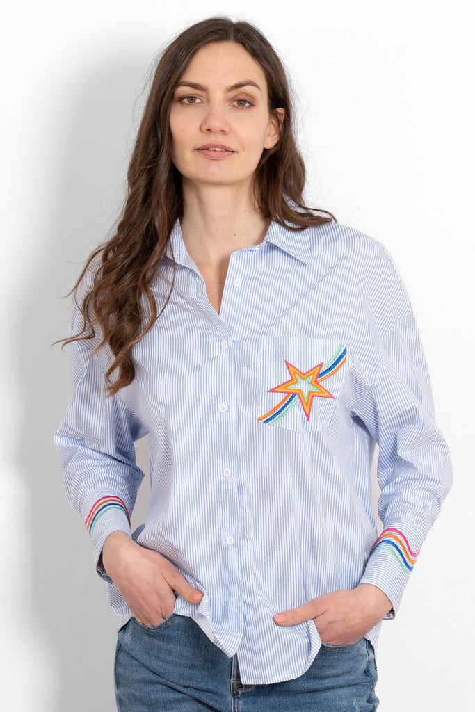 beau-long-sleeve-cotton-shirt-blue-white-star-embroidered-front-view-on-model-colourful-sleeves-pocket