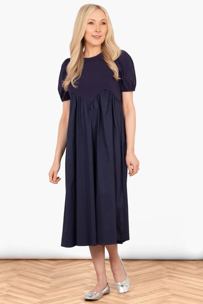 sawyer-cotton-midaxi-dress-navy-blue-jersey-mix-styled-with-silver-pumps