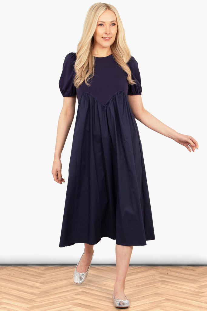 sawyer-cotton-midaxi-dress-navy-blue-jersey-mix-on-model-front-view-short-sleeves-round-neck