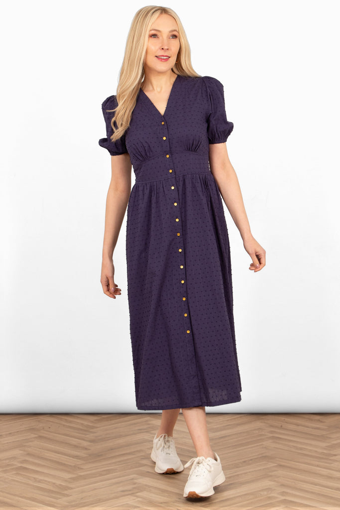 poppy-cotton-button-down-midi-tea-dress-navy-blue-dobby-on-model-front-view