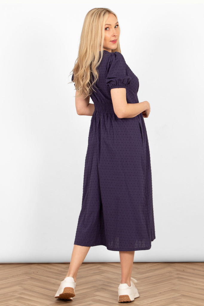 poppy-cotton-button-down-midi-tea-dress-navy-blue-dobby-rear-view-shirred-waist-panel