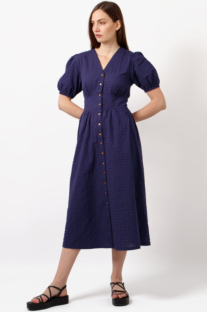 Poppy-Cotton-Button-Down-Midi-Tea-Dress-Navy-Blue-Hands-Behind-Back